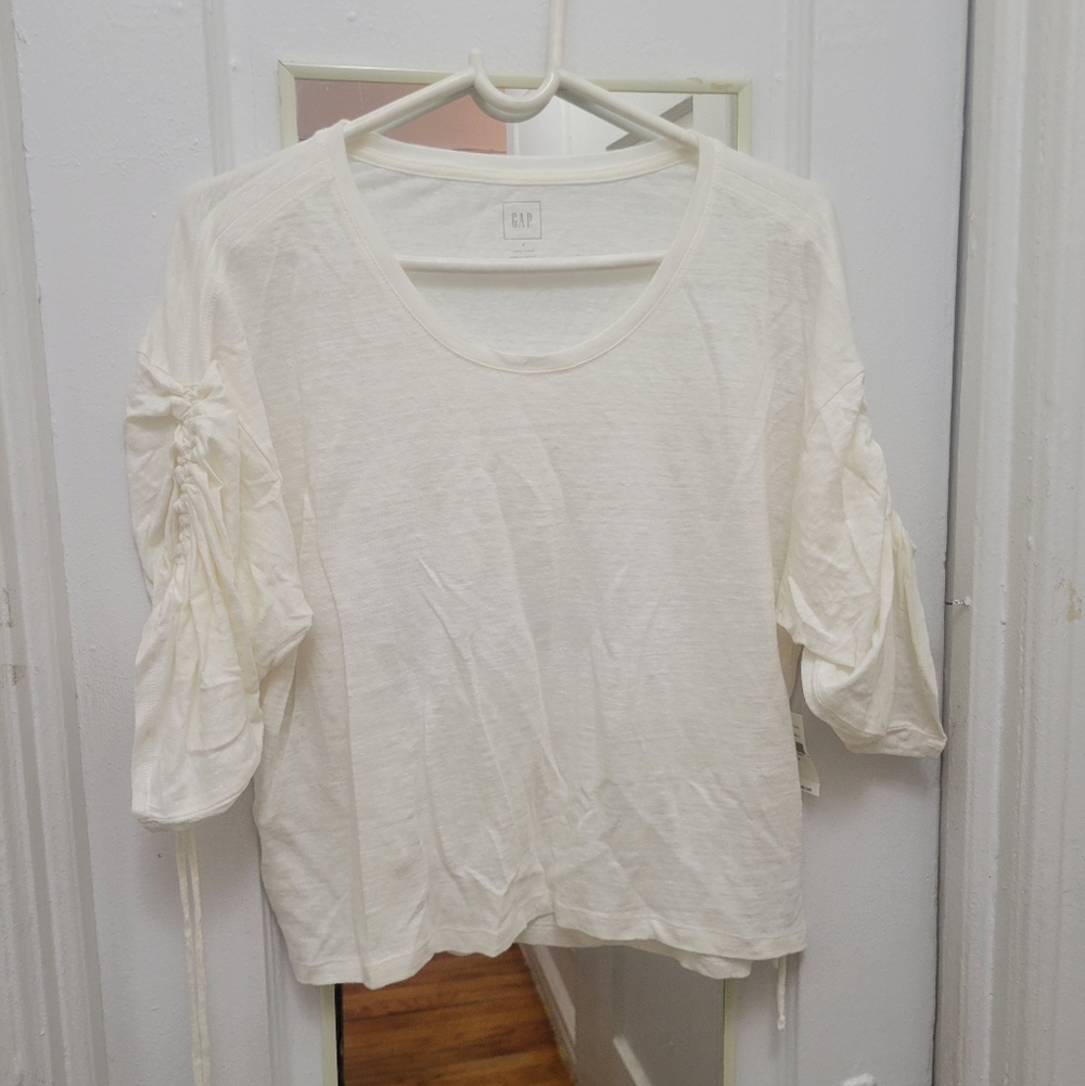 GAP‎ Cream Linen Blouse  Ruched Sleeves NWT Cottagecore Lagenlook Boho Coastal